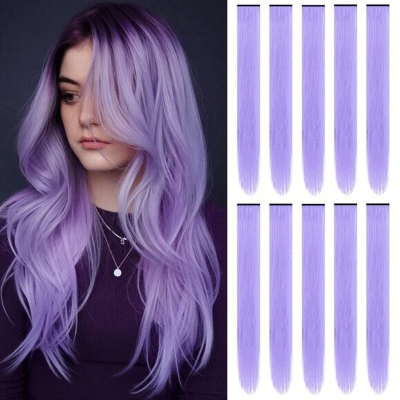 New 10PCS 22" Synthetic Light Purple Colour Highlights Clip-in Hair Extensions
